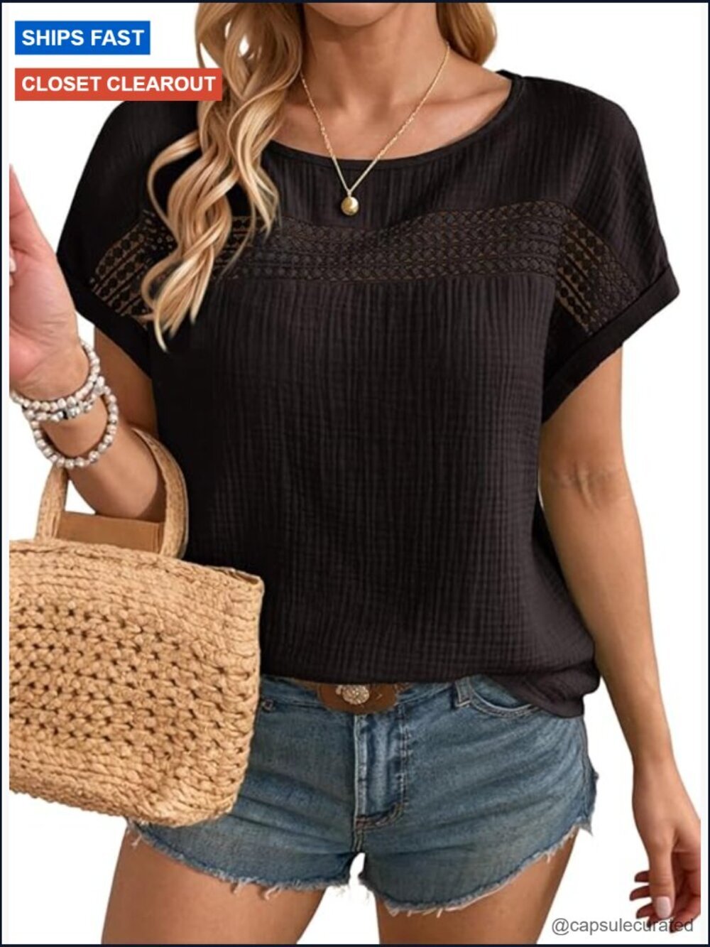 Crewneck Short Sleeve Hollow Out T-Shirt Loose Fit Blouse